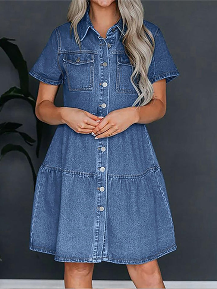 Pocketed Button Up Collared Neck Short Sleeve Denim Dress | Trendsi