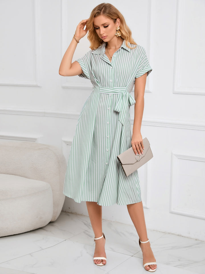 Striped Short Sleeve Tie Waist Midi Dress | Trendsi