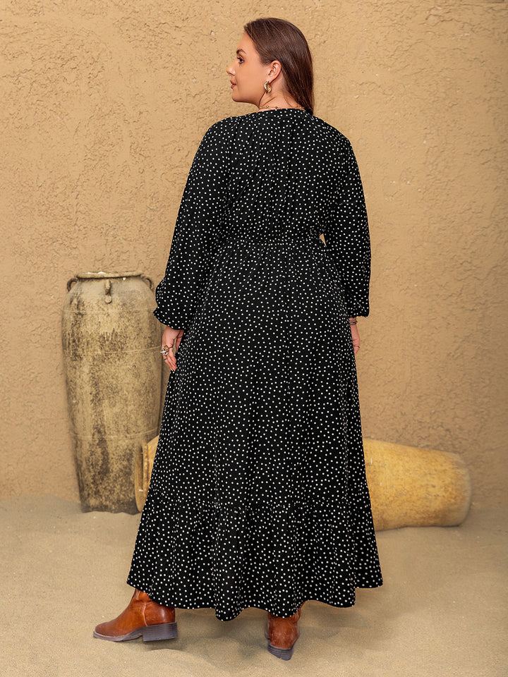 Plus Size Embroidered Polka Dot Notched Long Sleeve Dress | Trendsi