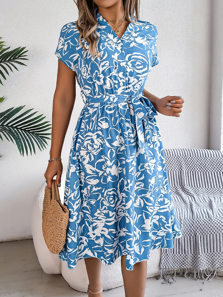 Printed V-Neck Short Sleeve Dress | Trendsi