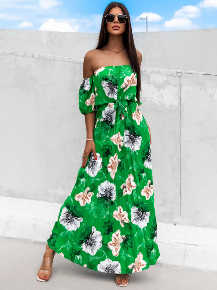 Pleated Floral Off-Shoulder Short Sleeve Midi Dress | Trendsi