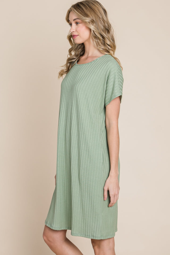 BOMBOM Ribbed Round Neck Short Sleeve Dress | Trendsi