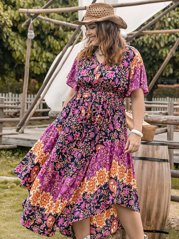 Plus Size Printed V-Neck Flutter Sleeve Midi Dress | Trendsi