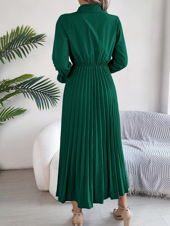 Pleated Half Button Long Sleeve Midi Dress | Trendsi