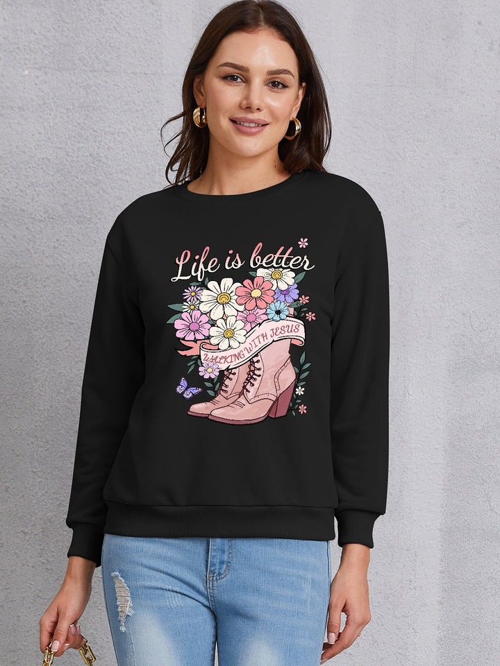 Graphic Round Neck Long Sleeve Sweatshirt | Trendsi