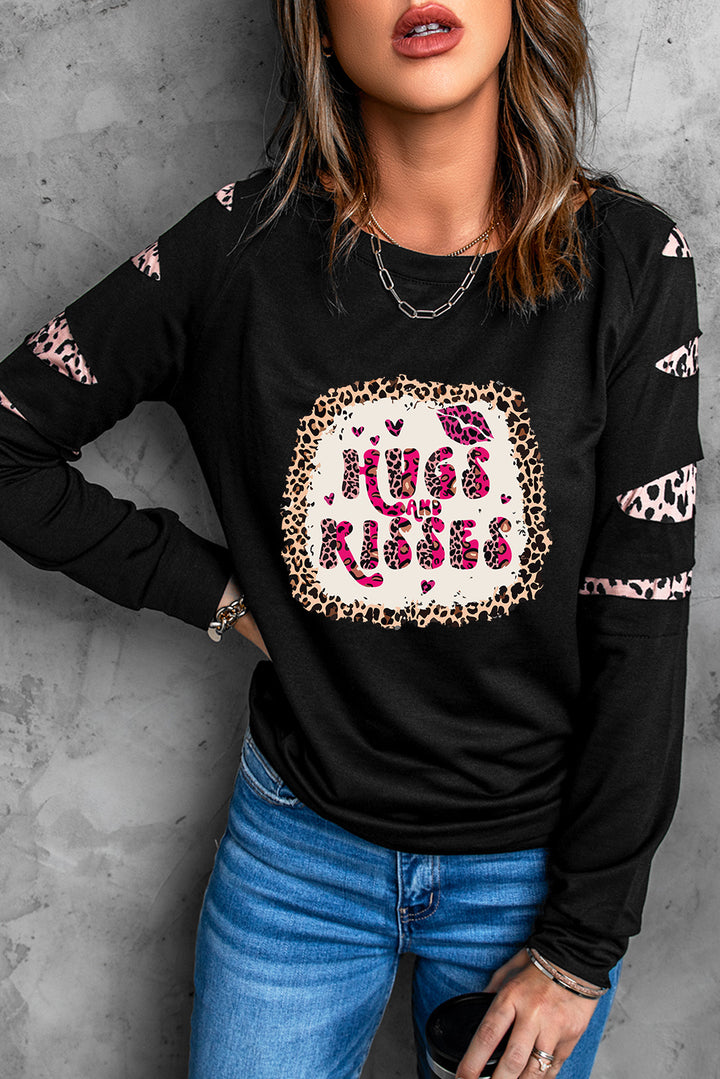 HUGS AND KISSES Leopard Round Neck Sweatshirt | Trendsi