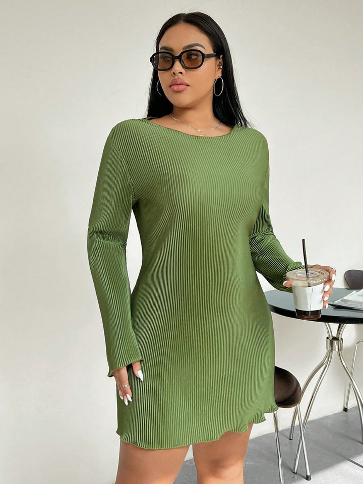 Honey Plus Size Lettuce Hem Round Neck Long Sleeve Dress | Trendsi