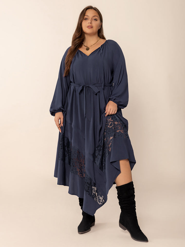 Plus Size Lace Detail Tie Neck Long Sleeve Midi Dress | Trendsi