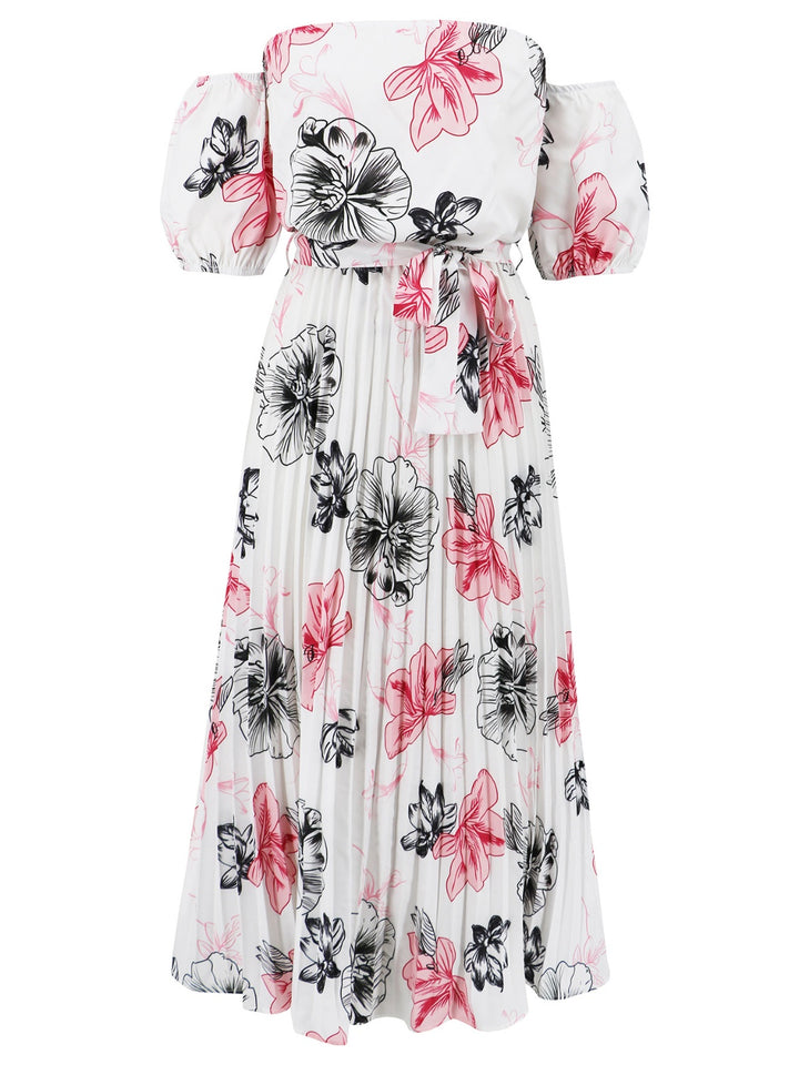 Pleated Floral Off-Shoulder Short Sleeve Midi Dress | Trendsi