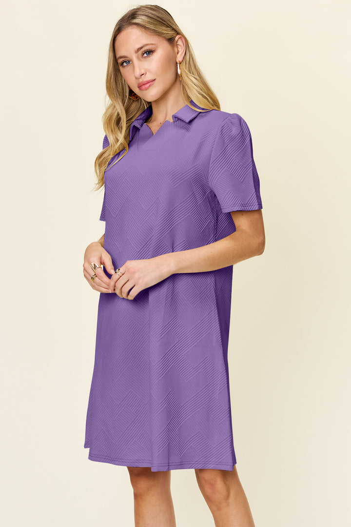 Double Take Full Size Texture Collared Neck Short Sleeve Dress | Trendsi