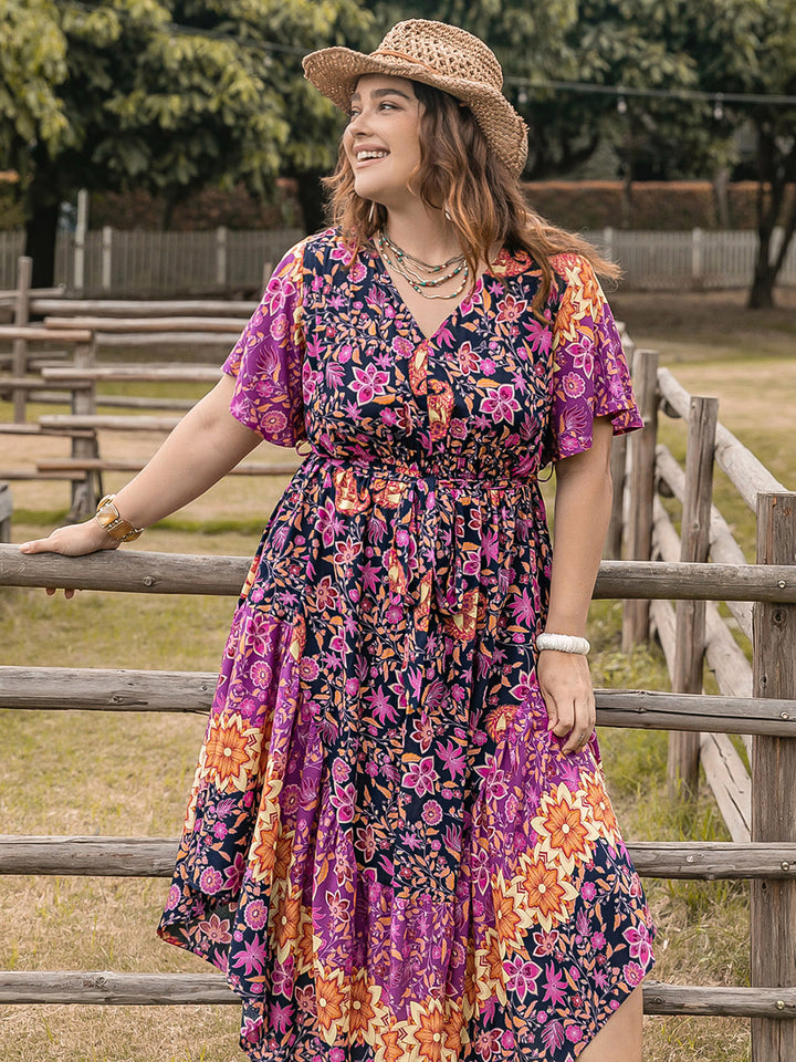 Plus Size Printed V-Neck Flutter Sleeve Midi Dress | Trendsi