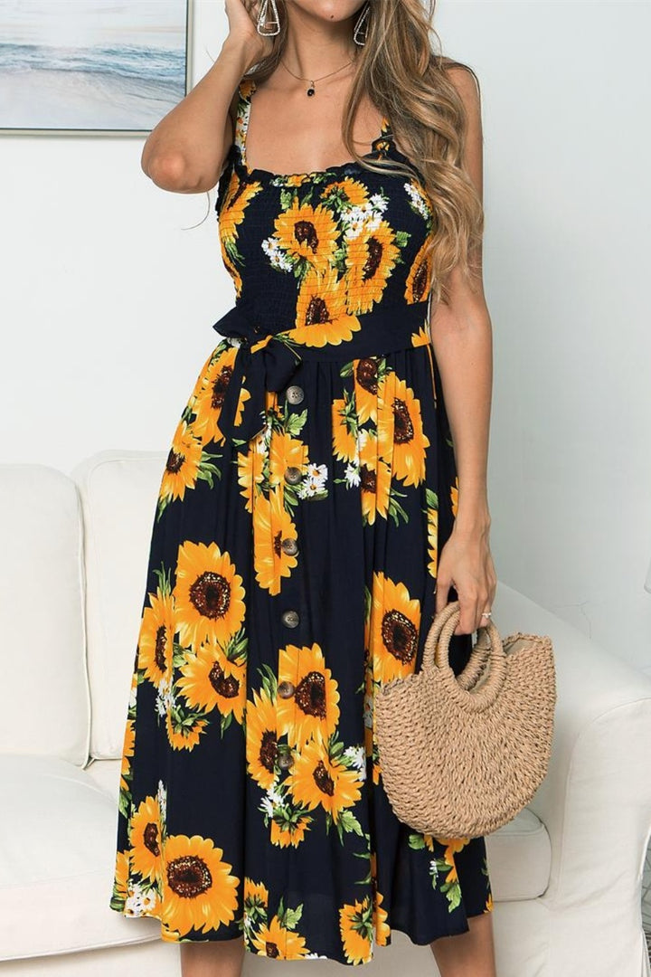 Smocked Sunflower Printed Sleeveless Cami Dress | Trendsi