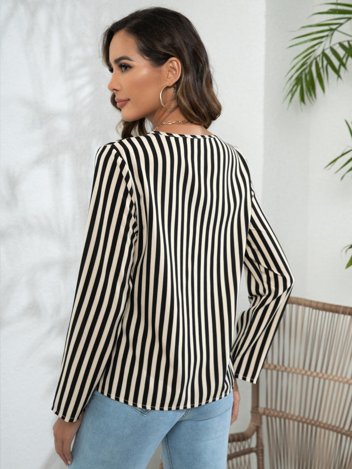 Striped Long Sleeve Notched Blouse | Trendsi