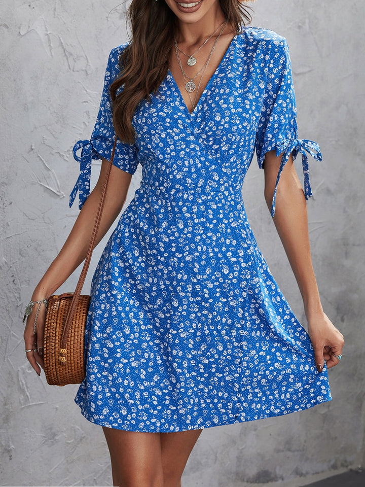 Honey Printed Surplice Short Sleeve Mini Dress | Trendsi