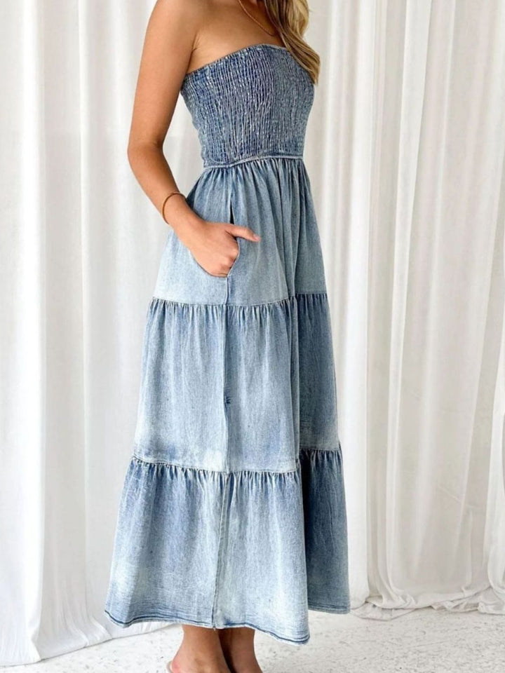 Slit Smocked Tube Tiered Denim Dress | Trendsi