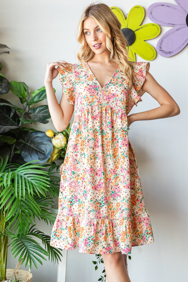 Heimish Full Size Floral Ruffled V-Neck Dress | Trendsi