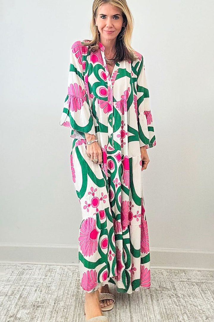 Printed Notched Long Sleeve Maxi Dress | Trendsi