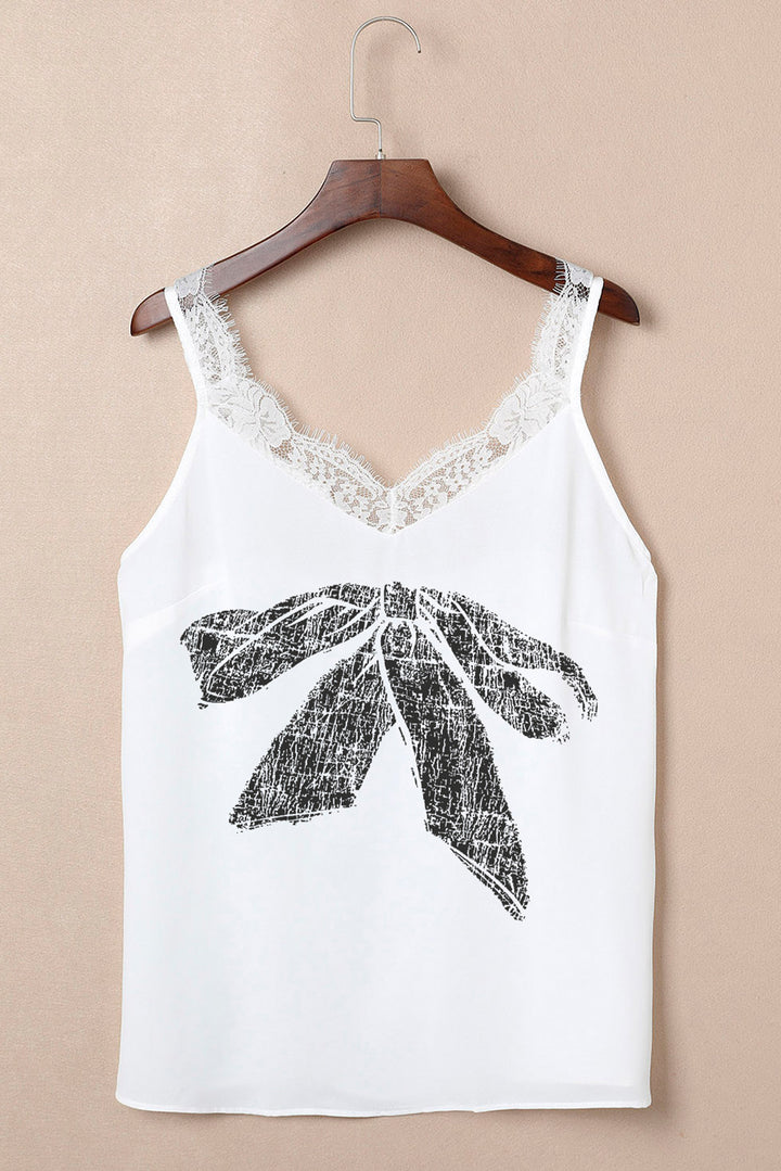 Lace Detail Bow Graphic V-Neck Tank | Trendsi