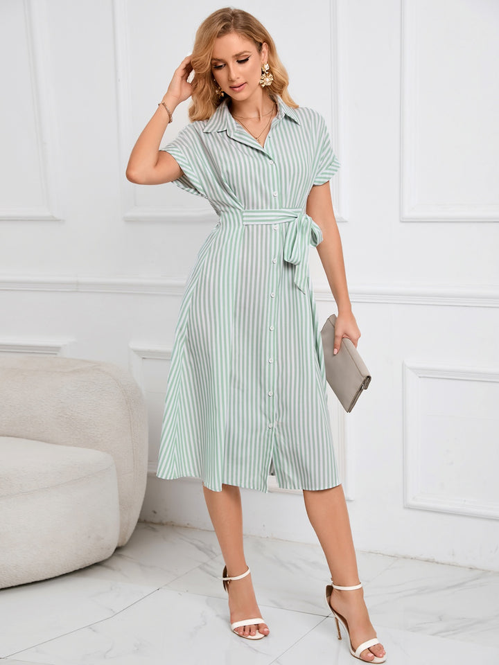 Striped Short Sleeve Tie Waist Midi Dress | Trendsi