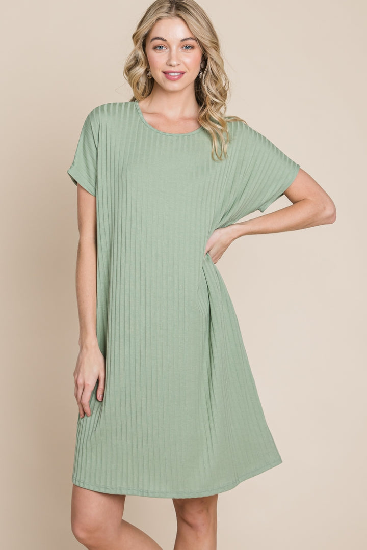 BOMBOM Ribbed Round Neck Short Sleeve Dress | Trendsi