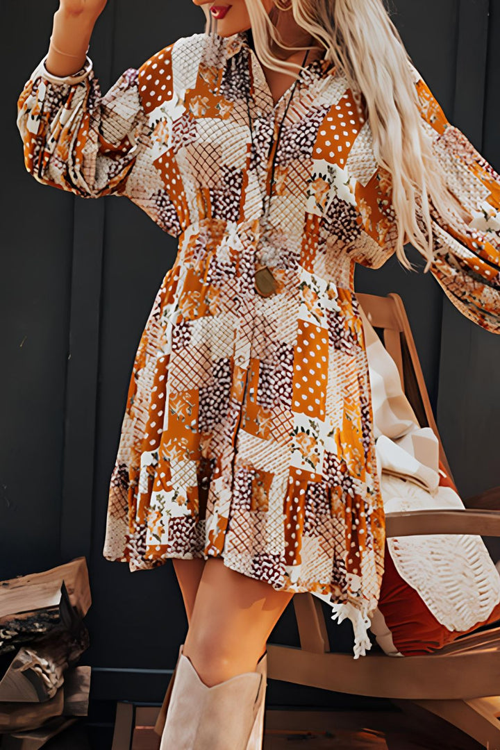 Printed Collared Neck Three-Quarter Sleeve Mini Shirt Dress | Trendsi