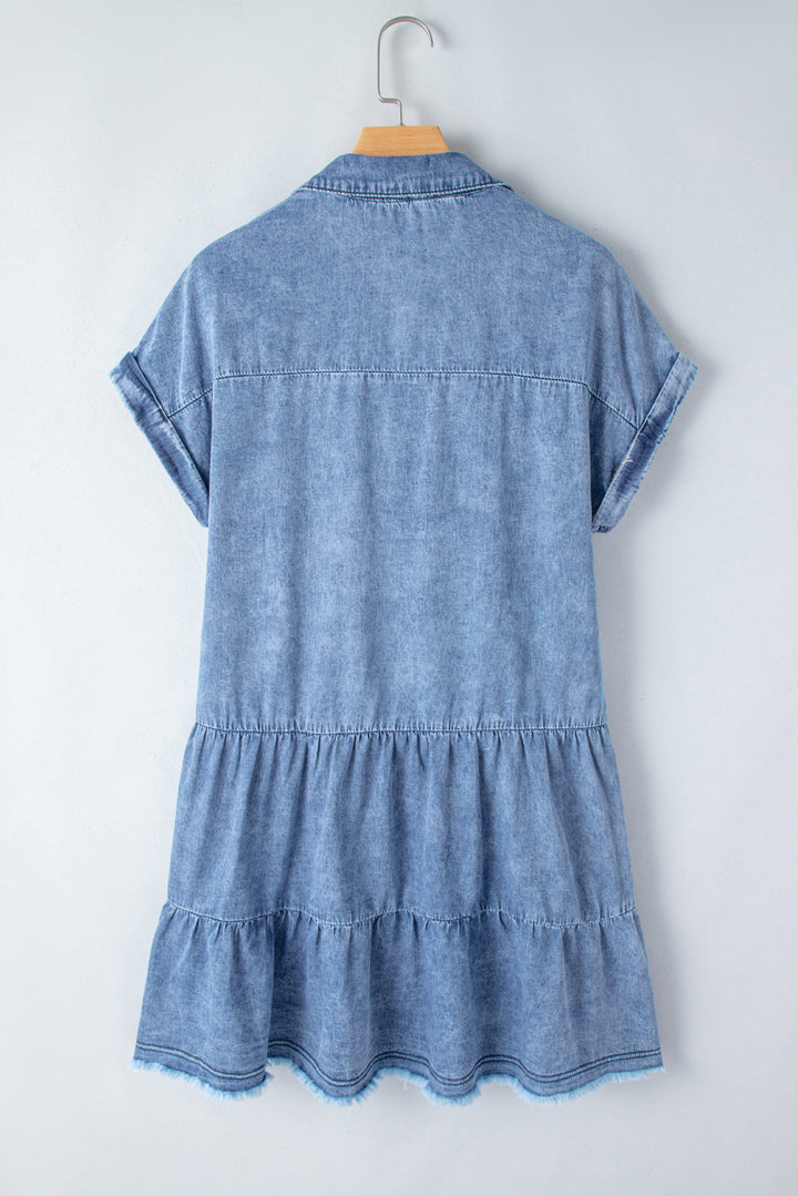 Raw Hem Collared Neck Short Sleeve Denim Dress | Trendsi