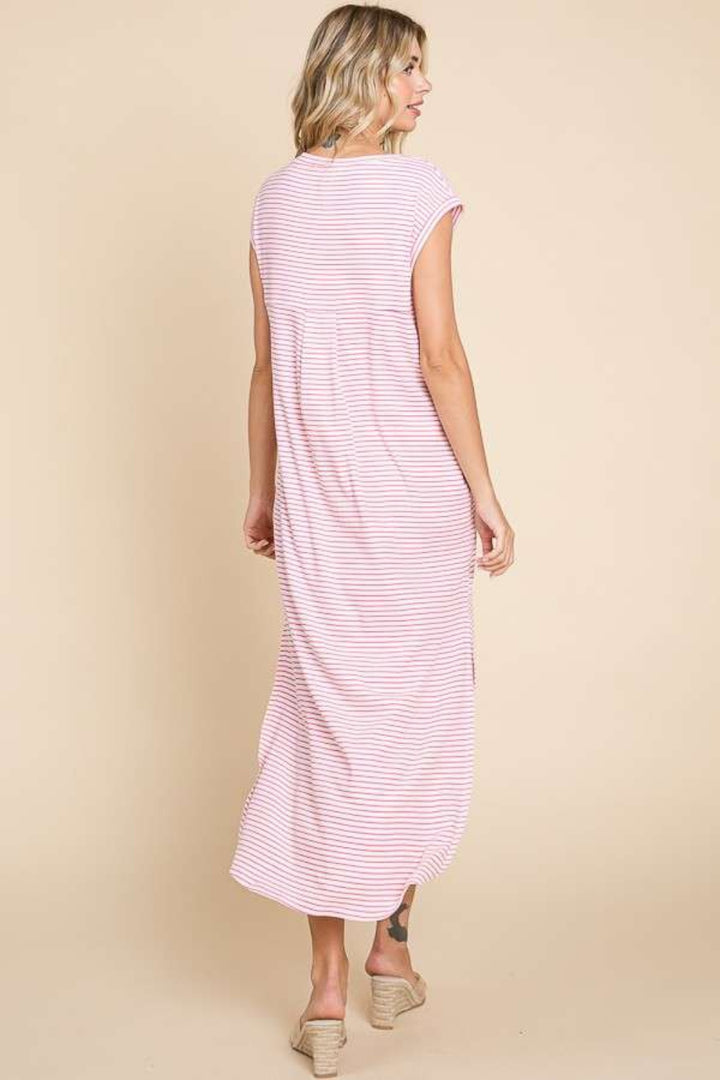 Culture Code Full Size Striped V-Neck Slit Dress with Pockets | Trendsi