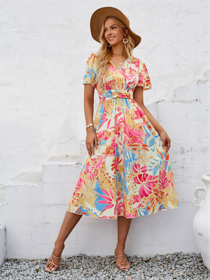 Printed V-Neck Short Sleeve Midi Dress | Trendsi