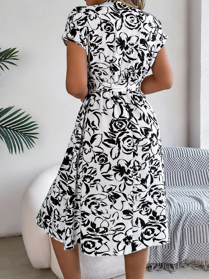 Printed V-Neck Short Sleeve Dress | Trendsi