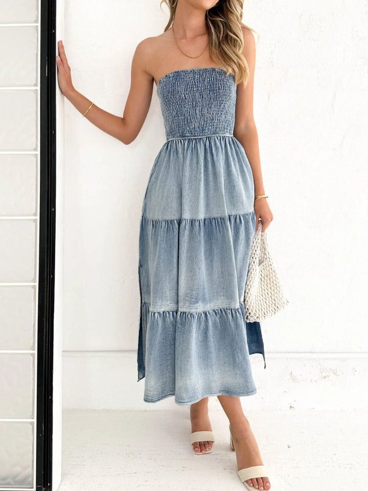 Slit Smocked Tube Tiered Denim Dress | Trendsi