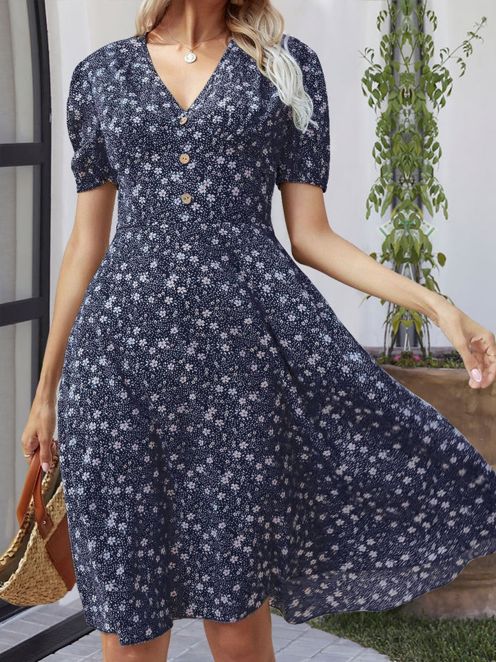 Printed V-Neck Short Sleeve Dress | Trendsi