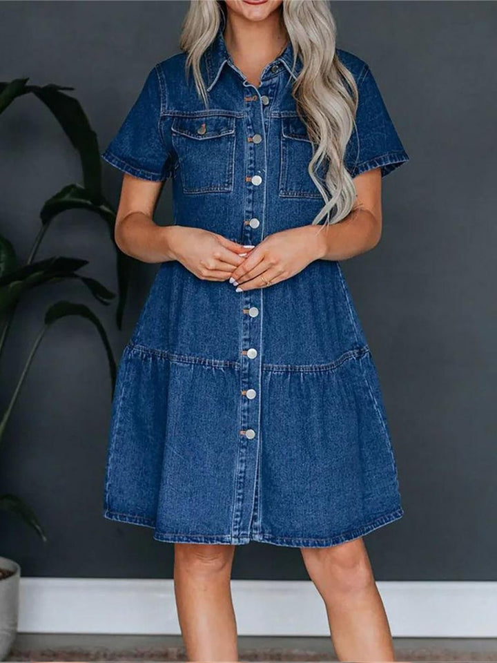 Pocketed Button Up Collared Neck Short Sleeve Denim Dress | Trendsi