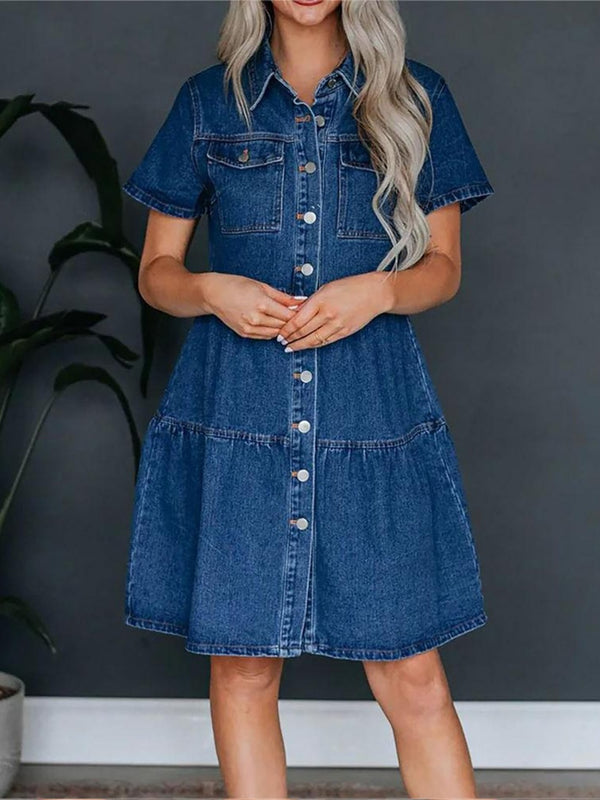 Pocketed Button Up Collared Neck Short Sleeve Denim Dress | Trendsi