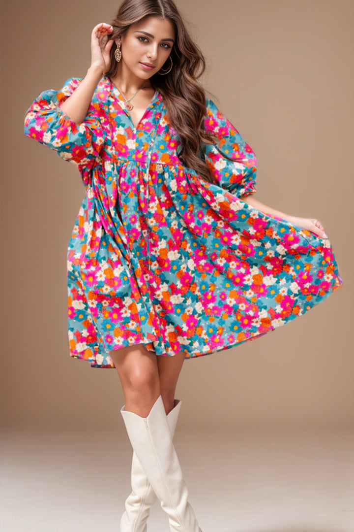 Floral Tie Neck Puff Sleeve Mini Dress | Trendsi