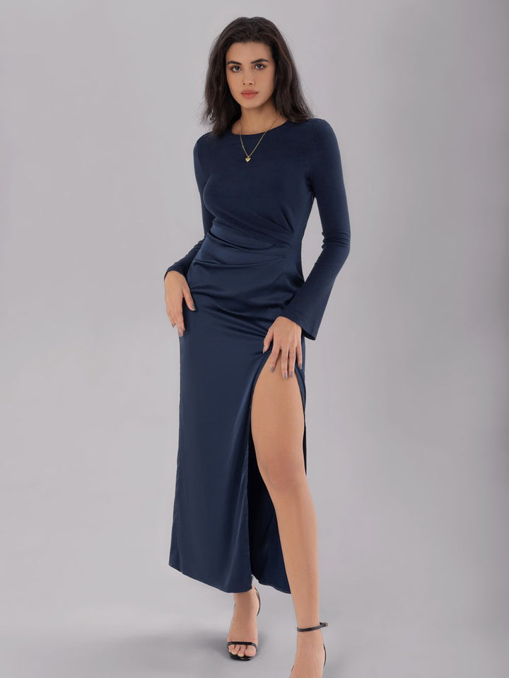 Split Round Neck Long Sleeve Midi Dress | Trendsi