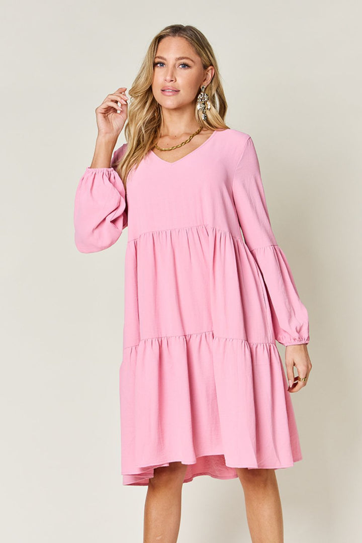 Double Take Full Size V-Neck Balloon Sleeve Tiered Dress | Trendsi