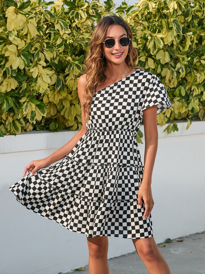 Checkered Single Shoulder Mini Dress | Trendsi