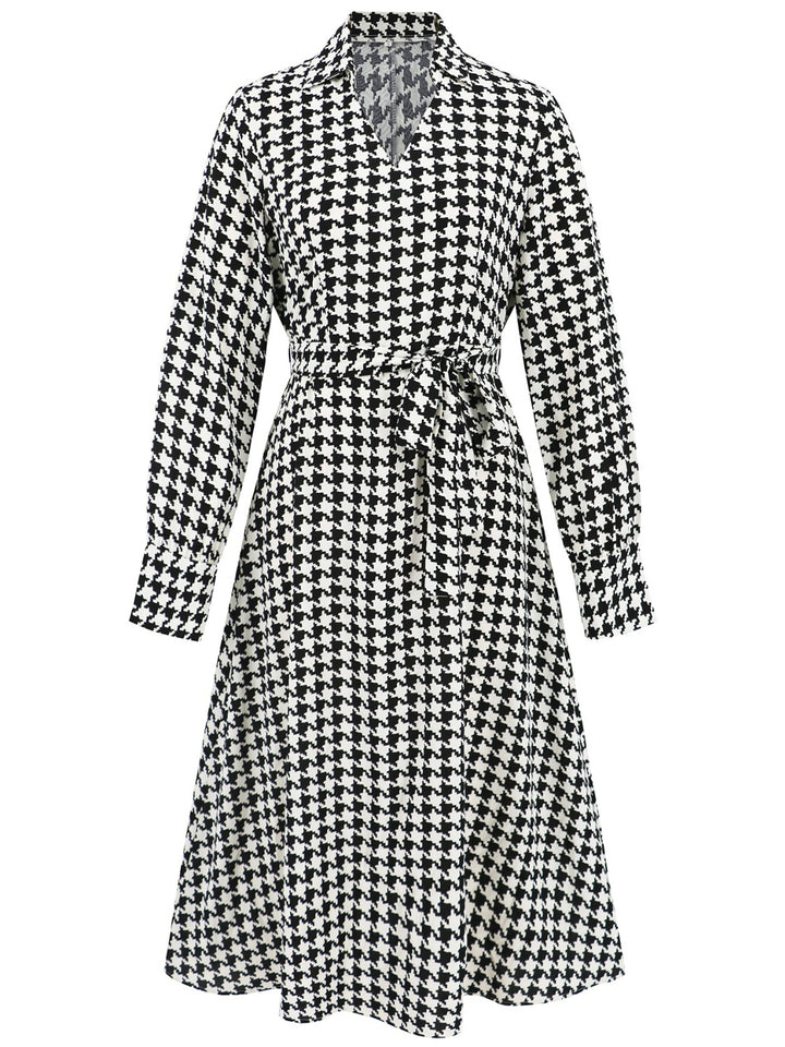 Tied Houndstooth Long Sleeve Midi Dress | Trendsi