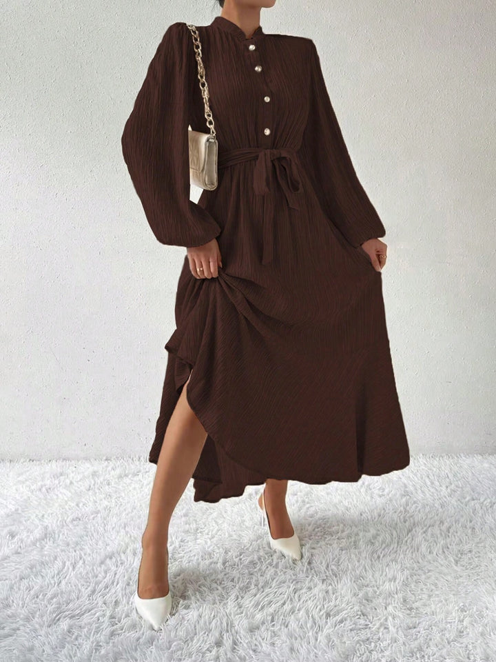 Half Button Tie Waist Long Sleeve Maxi Dress | Trendsi