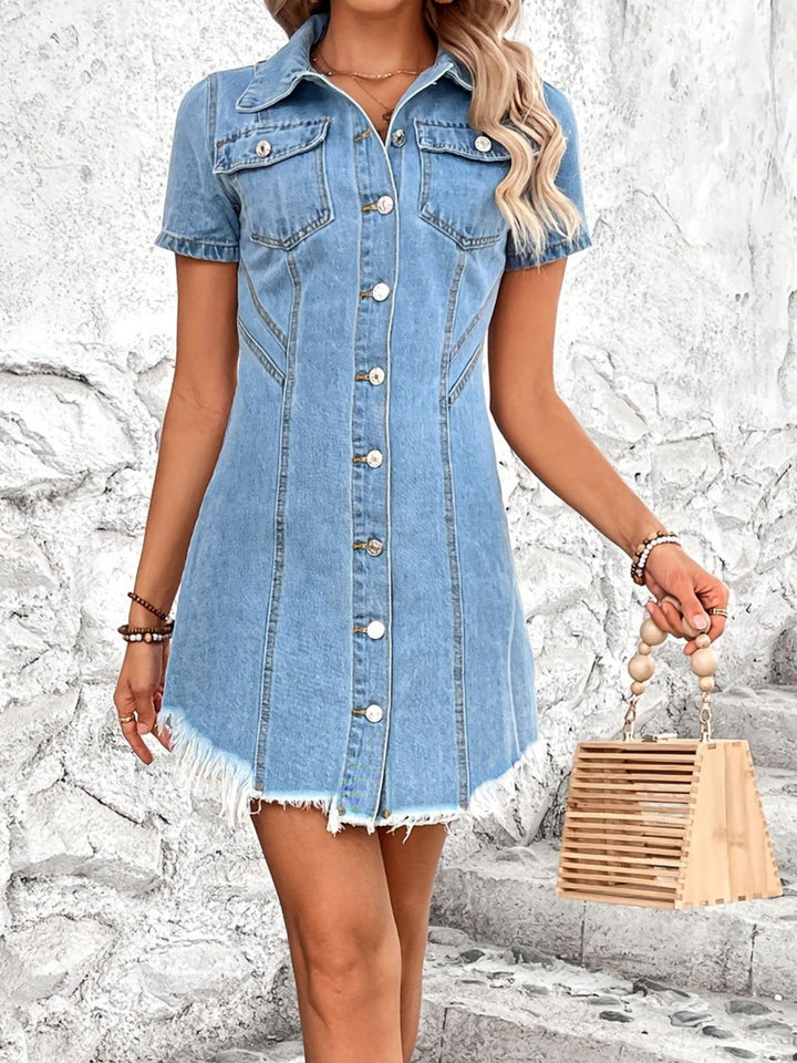 Raw Hem Button Up Short Sleeve Denim Dress | Trendsi