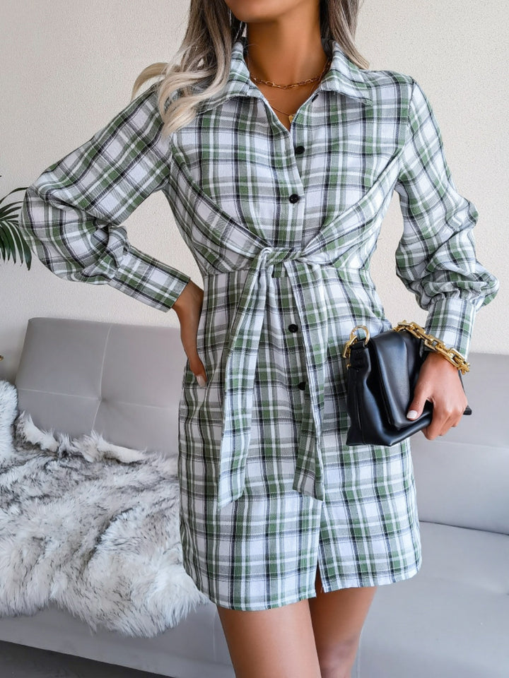 Tied Plaid Long Sleeve Mini Shirt Dress | Trendsi