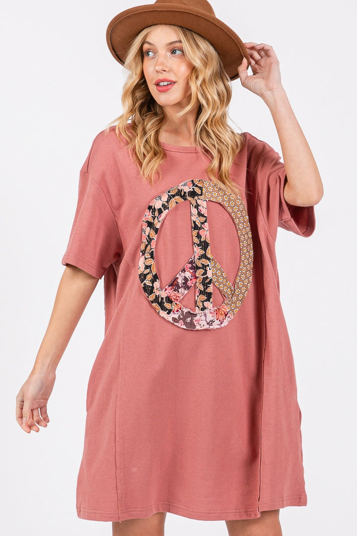 SAGE + FIG Full Size Peace Sign Applique Short Sleeve Tee Dress | Trendsi