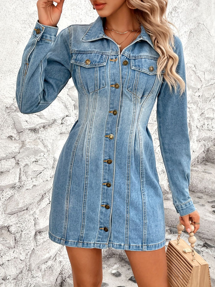 Pocketed Button Up Long Sleeve Denim Dress | Trendsi