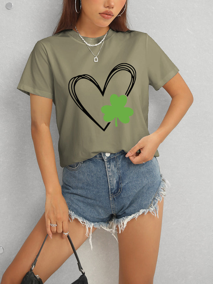 Heart Lucky Clover Short Sleeve T-Shirt | Trendsi