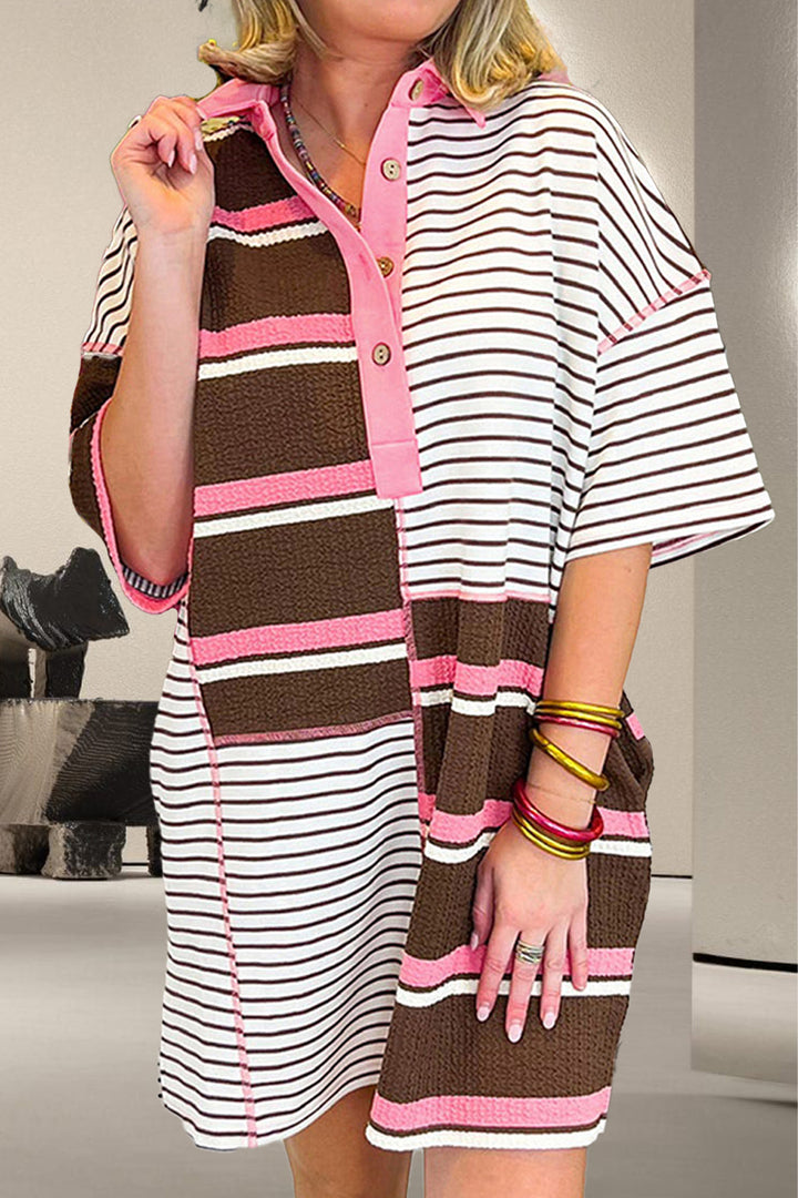 Striped Collared Neck Half Sleeve Mini Dress | Trendsi
