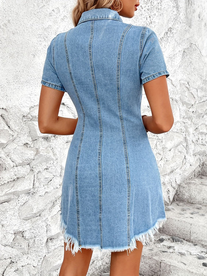 Raw Hem Button Up Short Sleeve Denim Dress | Trendsi