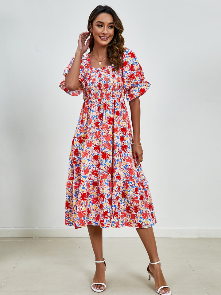 Smocked Floral Square Neck Short Sleeve Dress | Trendsi