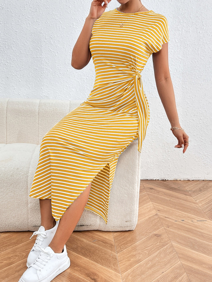 Tied Striped Round Neck Short Sleeve Tee Dress | Trendsi