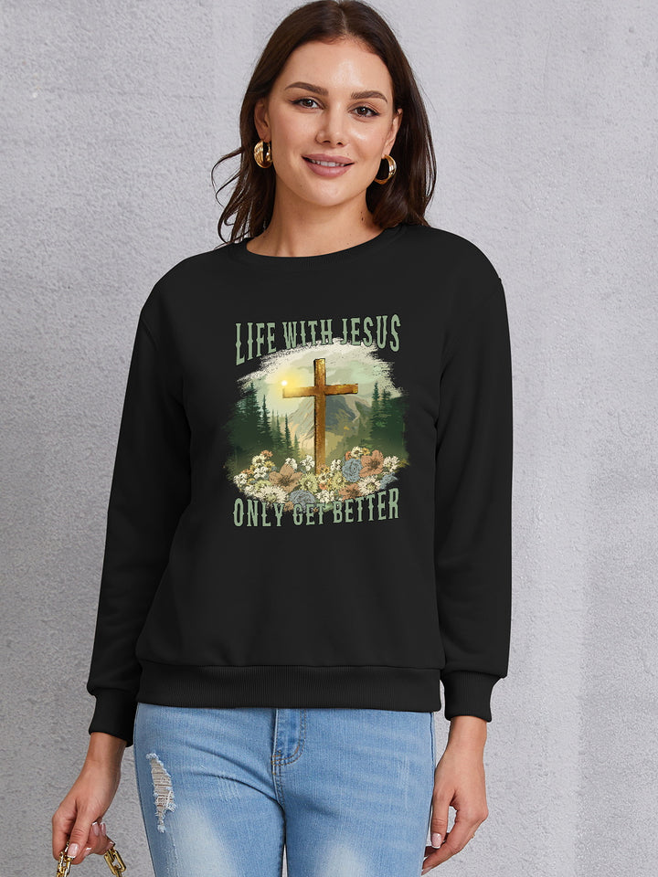 Graphic Round Neck Dropped Shoulder Sweatshirt | Trendsi