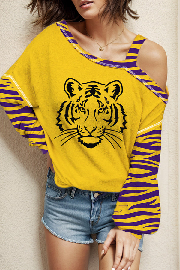 Tiger Graphic Asymmetrical Neck Long Sleeve T-Shirt | Trendsi